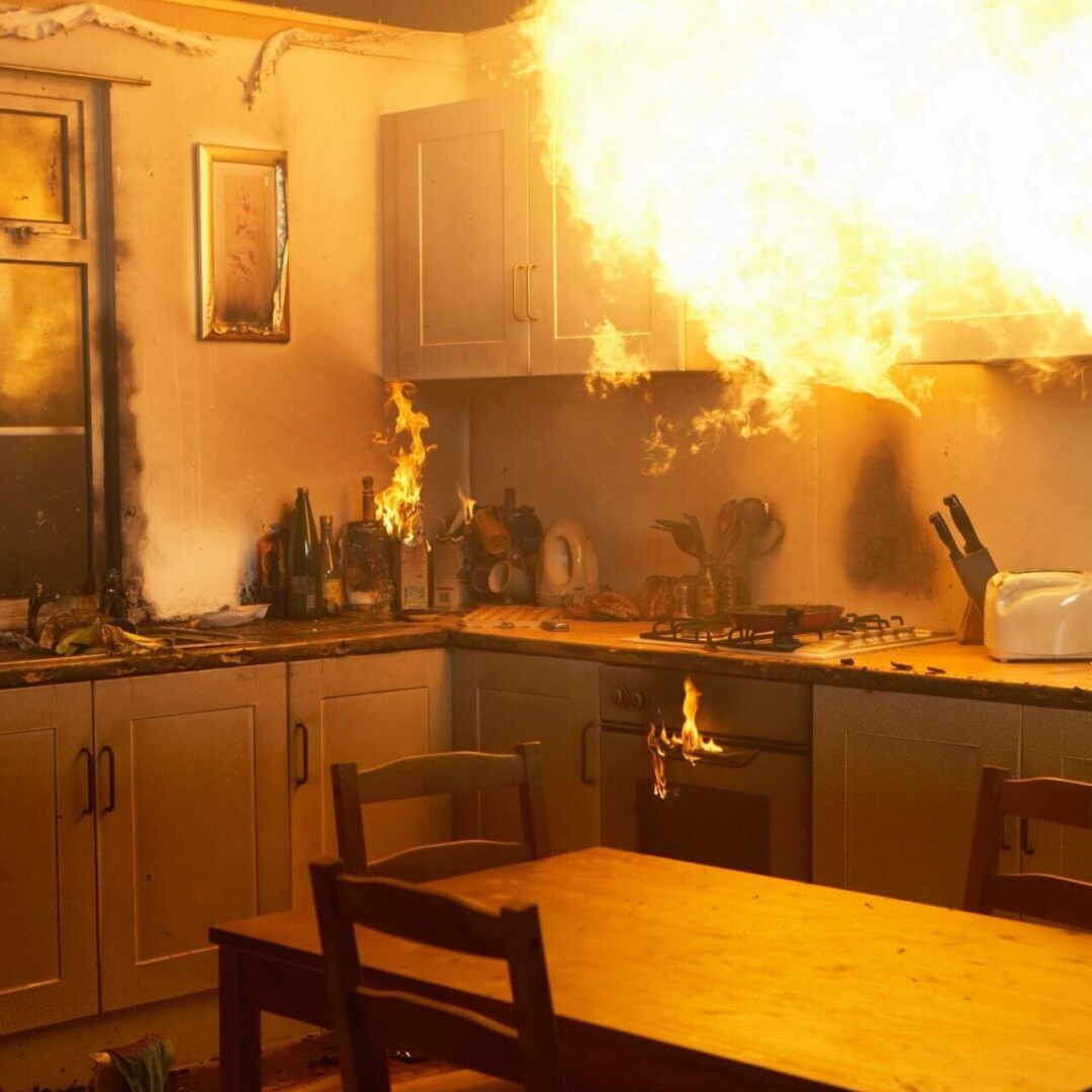 A kitchen with flames coming from the oven.